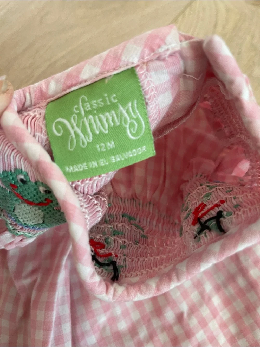 Classic Whimsy Pink Gingham Smocked Dress with Frog Embroidery 12 months